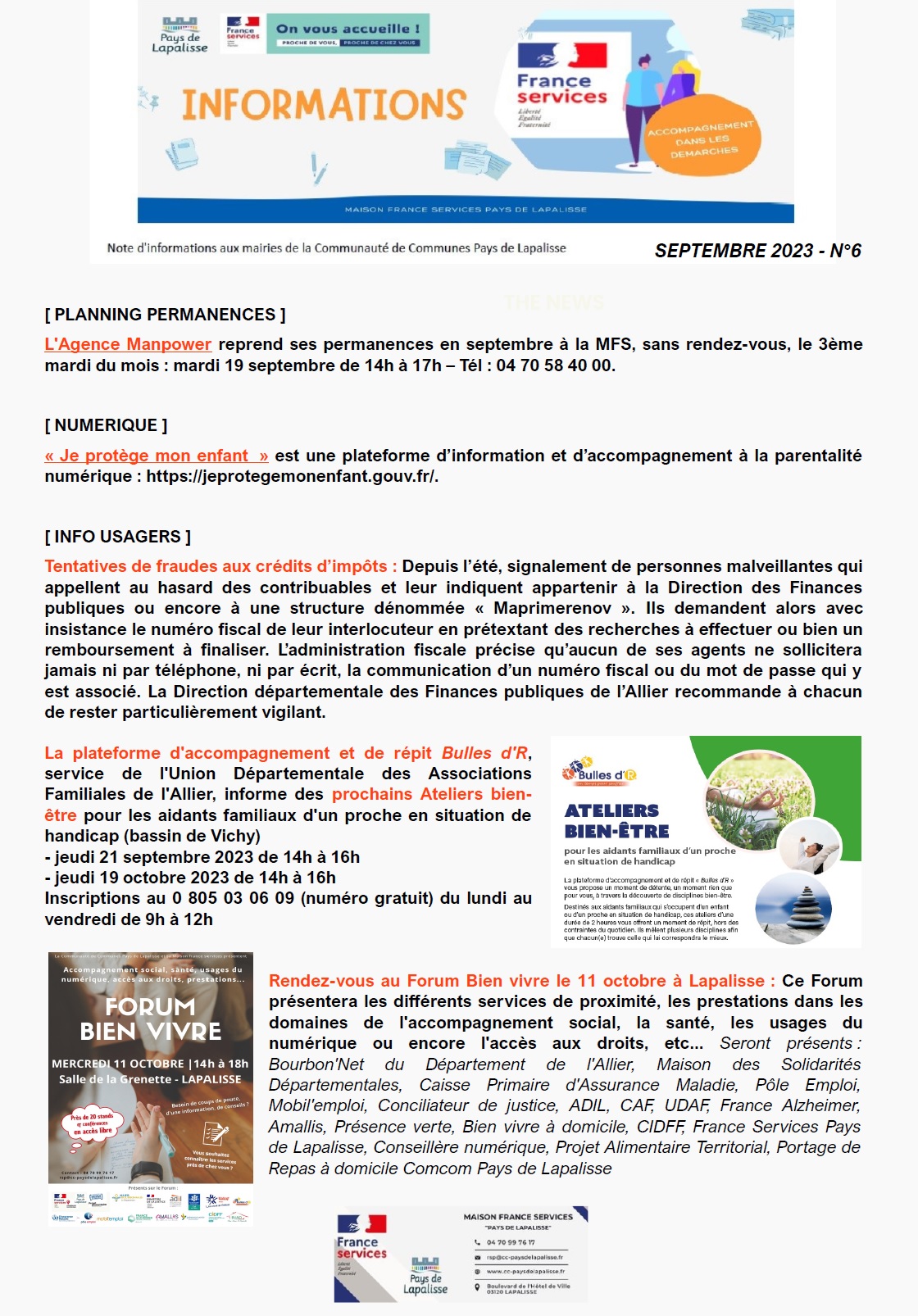 Lettre d'informations 2023 - N°6 Maison France Services Pays de Lapalisse 