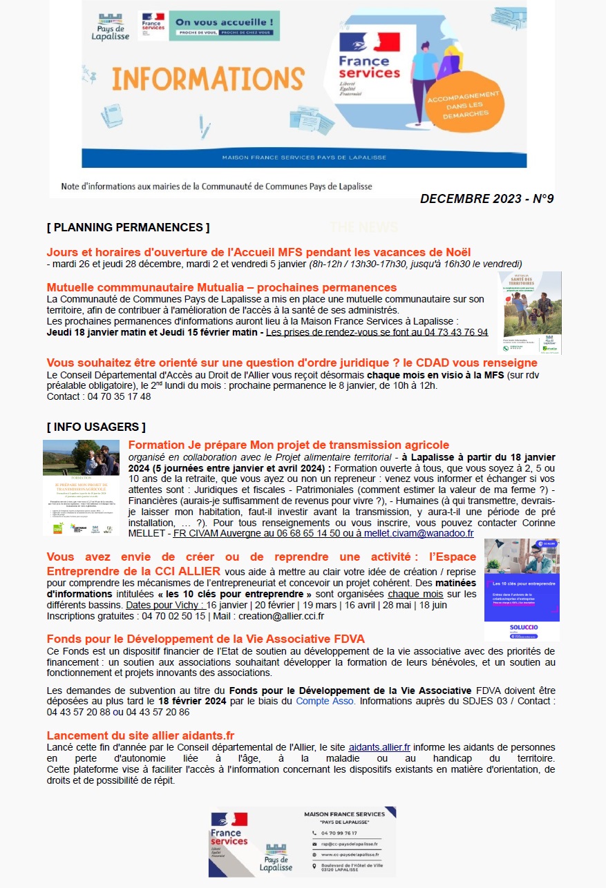 Lettre d'informations 2023 - N°9 Maison France Services Pays de Lapalisse 